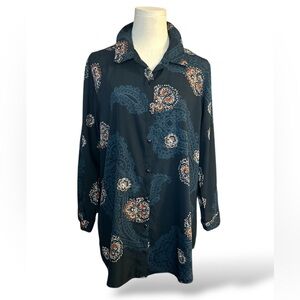 Rebecca Malone Size XL 3/4 sleeve blouse‎ Paisley Button-Up dark navy blue Shirt